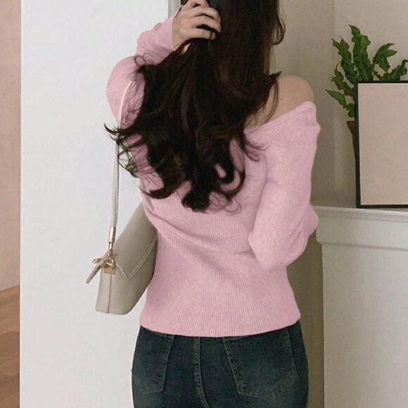 Pink Casual Womens Solid Asymmetrical Neck Button Through Ribbed Knit Cardigan - Picture 2 of 4